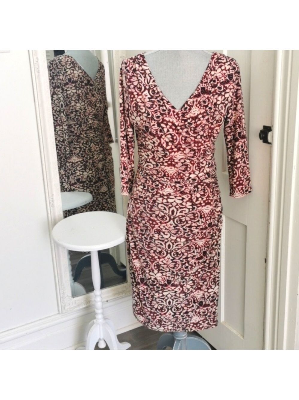 NWT Cleo 3/4 sleeve sheath abstract wrap printed midi dress. Size 10.